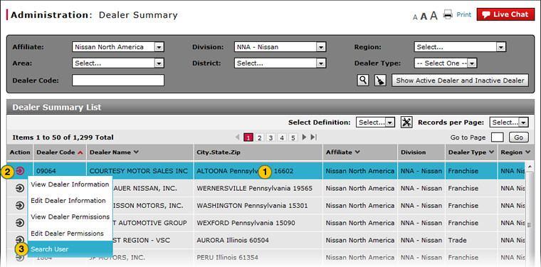 Dealer Summary - Search User selected